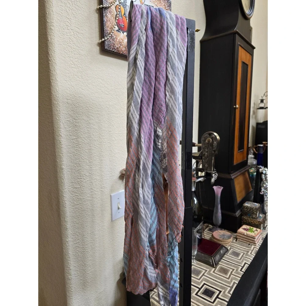 Traits Paris Made in France 100% Cotton Striped Scarf Wrap Purple Blue Grey